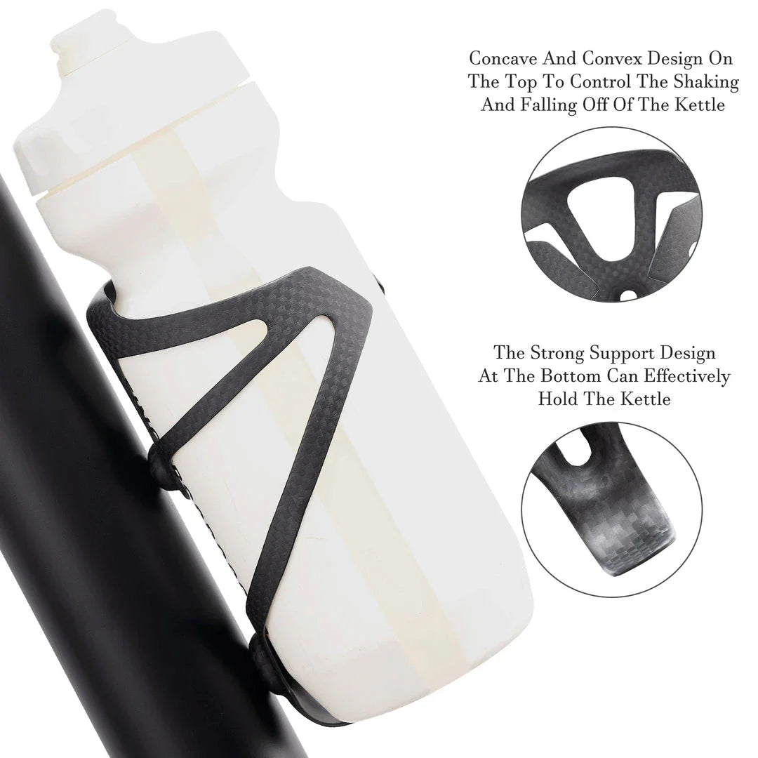 Carbon fibre bicycle water bottle cage with sleek matte black finish and secure design for cycling enthusiasts