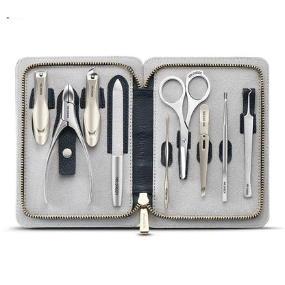 Premium manicure set with surgical-grade stainless steel tools and luxurious leather case