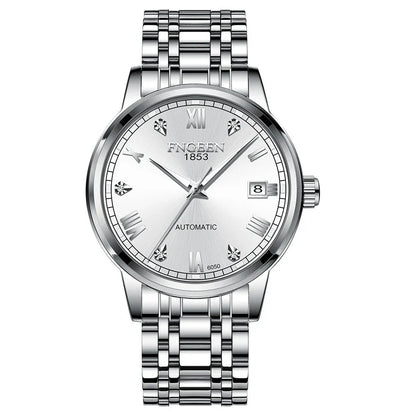 Premium automatic mechanical watch with leather strap, featuring a stainless steel case, luminous hands and markers, and a stylish British-inspired design