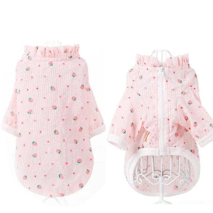 Stylish pink cat clothing with strawberry print design and sunscreen protection for pets