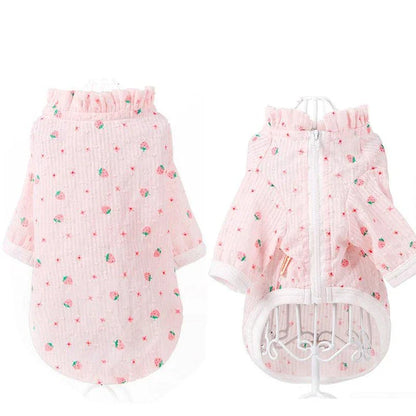 Stylish pink cat clothing with strawberry print design and sunscreen protection for pets