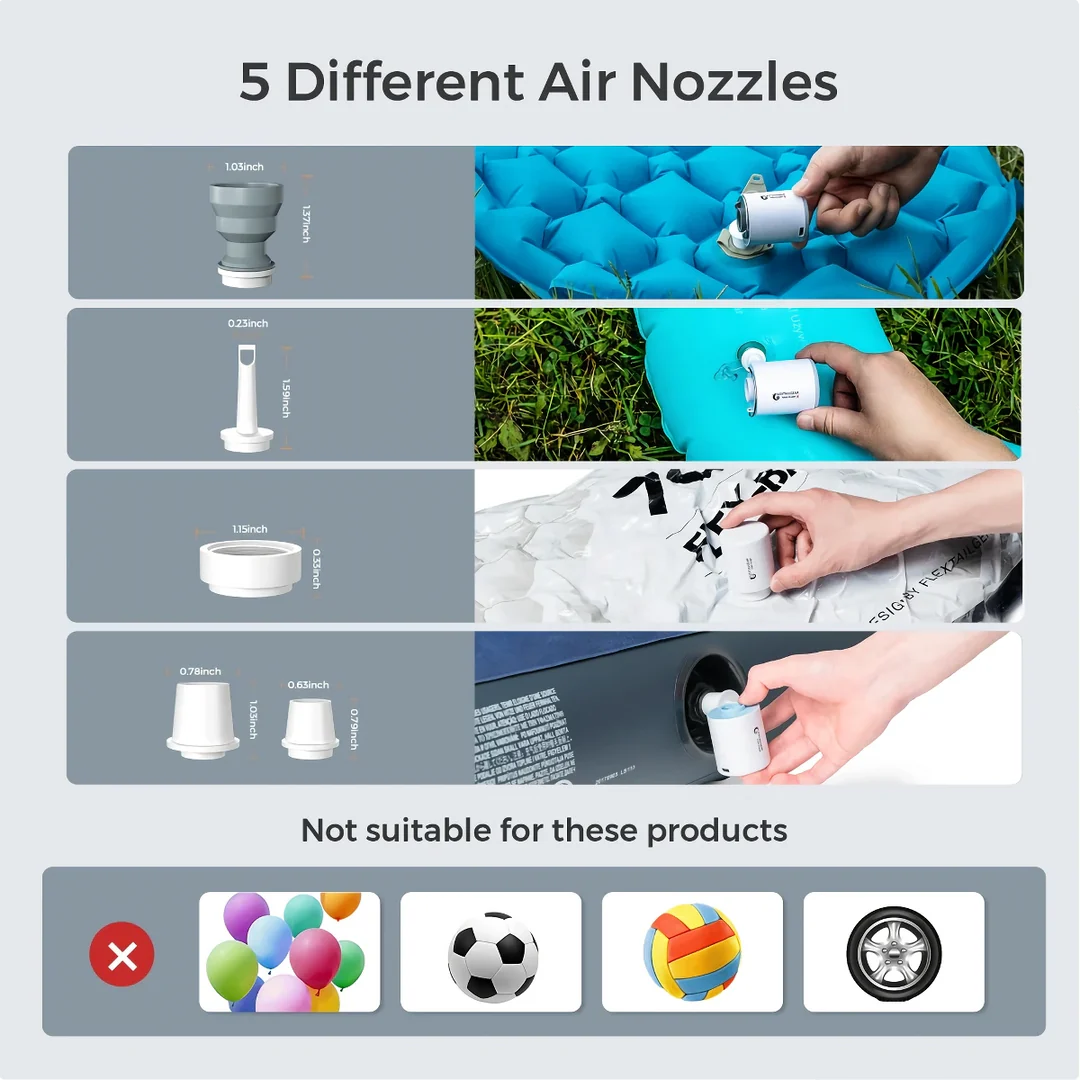 Compact portable electric air pump with built-in LED light for outdoor adventures and storage solutions