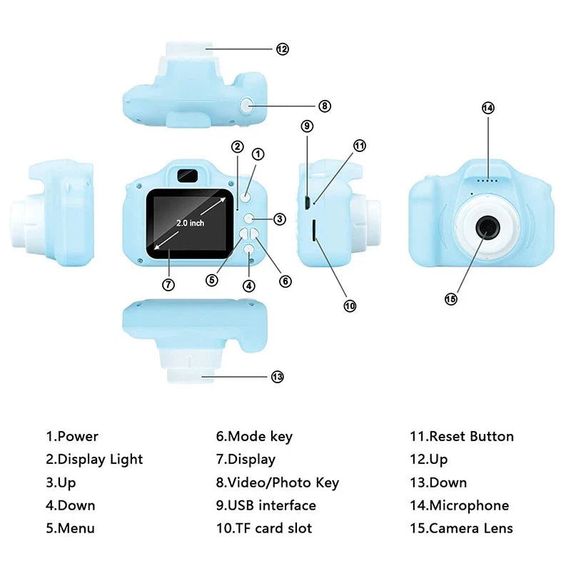 A pink kids' digital video camera with a 2.0-inch TFT screen and simple controls, designed for capturing high-resolution photos and videos