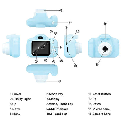 A pink kids' digital video camera with a 2.0-inch TFT screen and simple controls, designed for capturing high-resolution photos and videos