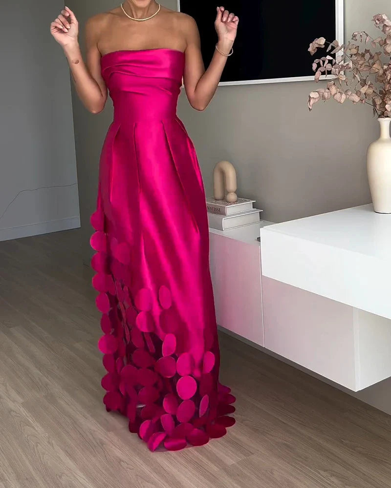 Elegant patchwork satin dress with sleek tube top, high-waist silhouette, and full-length swing skirt in vibrant rose red colour