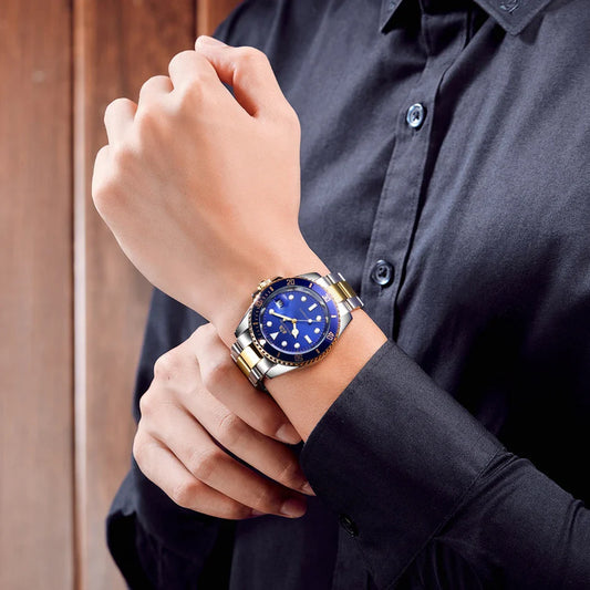 Elegant automatic watch with luminous hands and indices, showcasing British watchmaking excellence