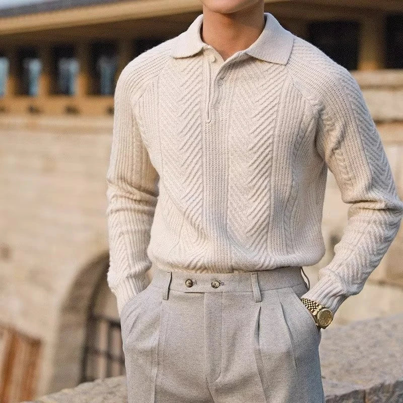 Premium men's thermal pullover in grey, black, and apricot colours with a tailored slim-fit silhouette