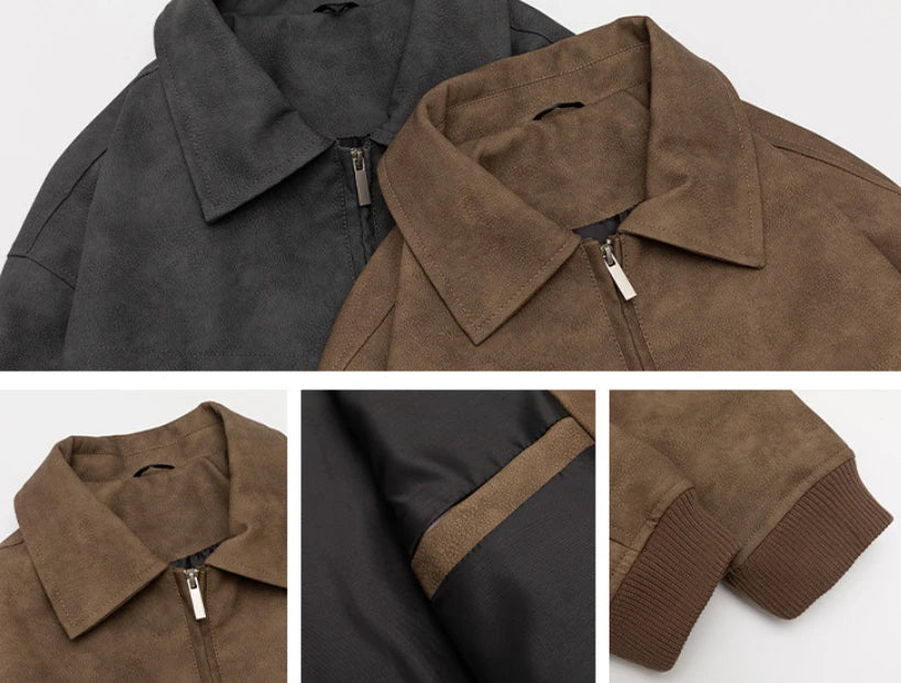 A classic distressed leather jacket in a relaxed, unstructured fit suitable for both men and women