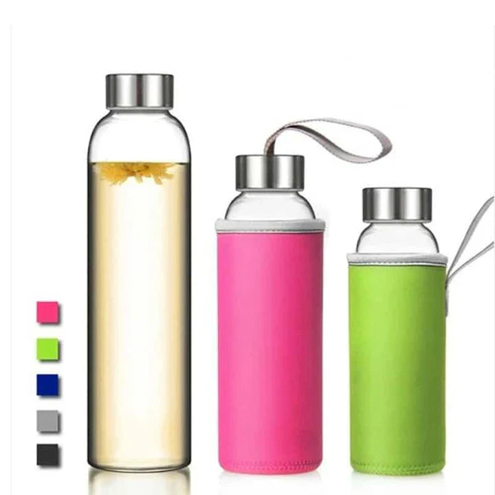 Premium minimalist glass sports water bottle in a variety of sizes and colours, designed for sustainable and stylish hydration