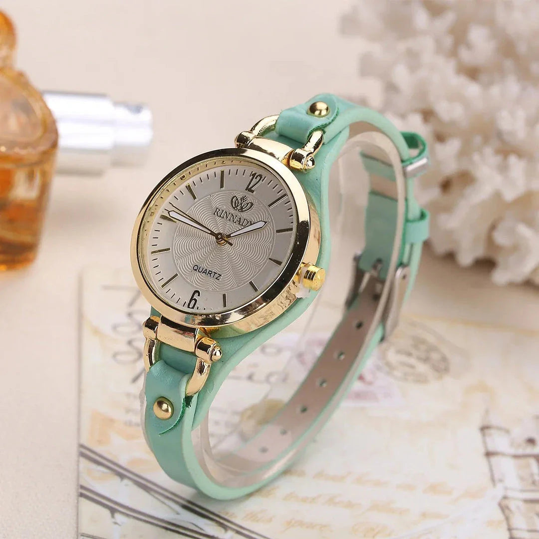 Elegant leather strap quartz watch with a sleek alloy case and durable glass dial for everyday elegance