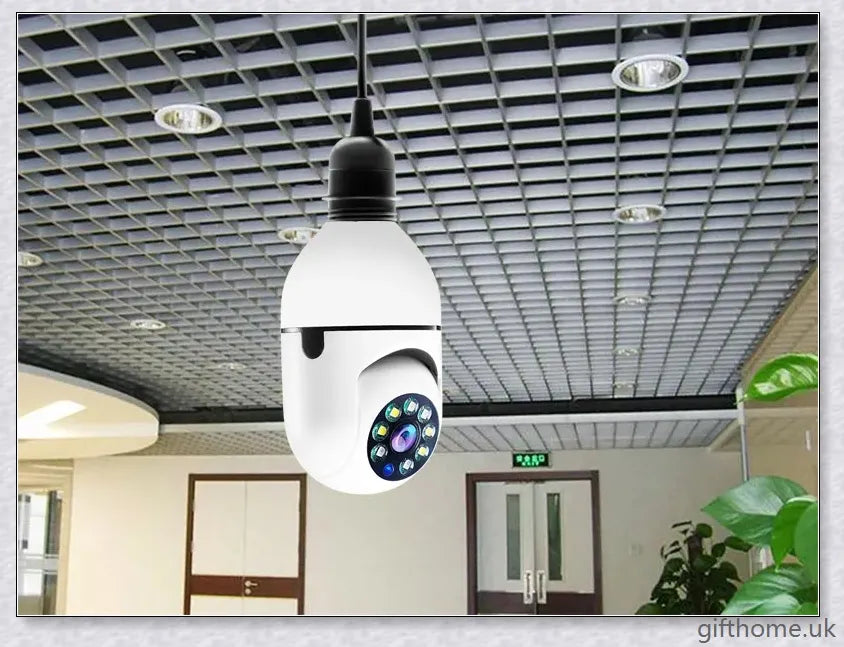 5G Wi-Fi smart home surveillance bulb camera with 360-degree coverage, night vision, and remote monitoring capabilities
