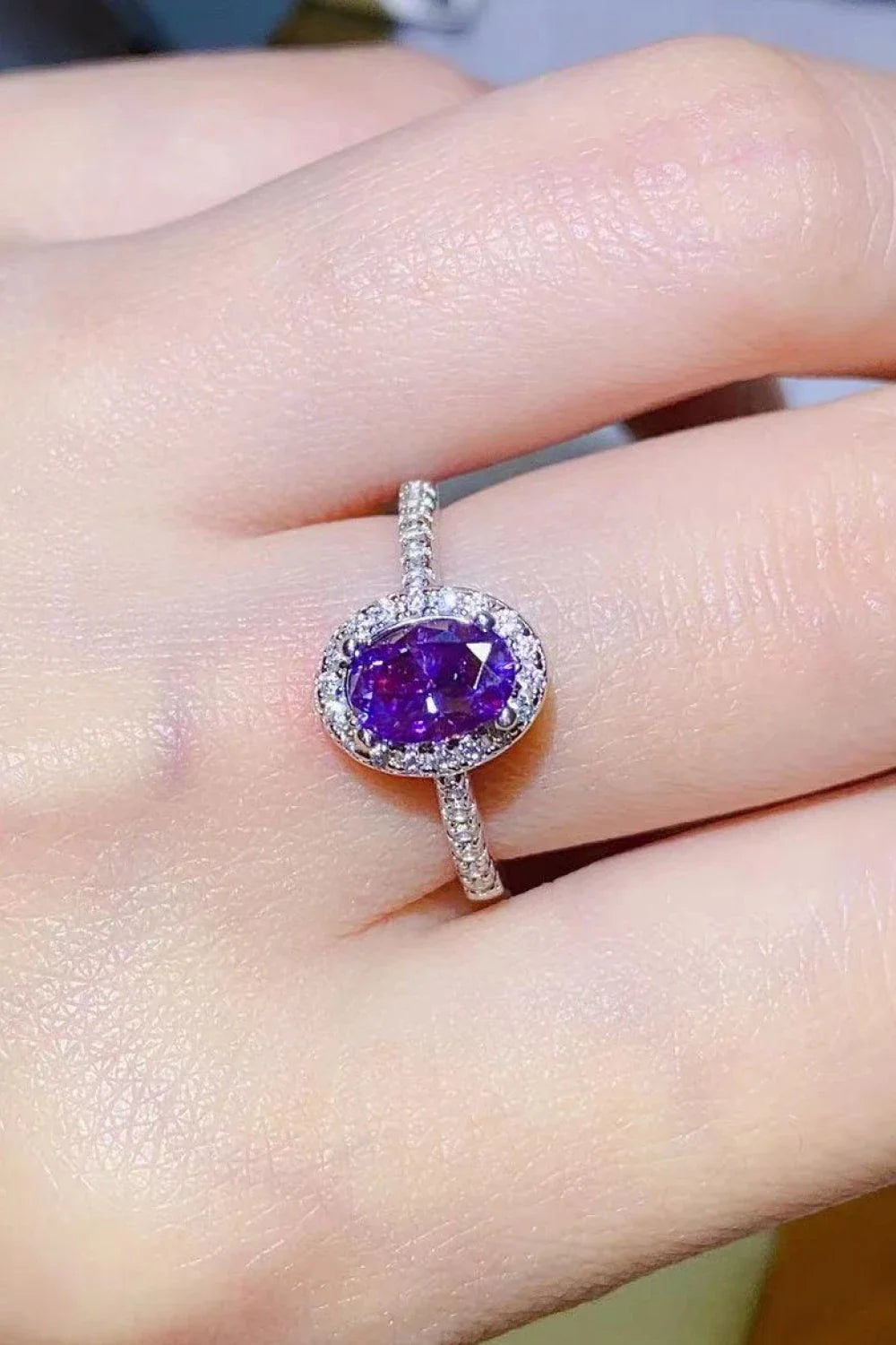 Sophisticated 1 carat purple moissanite ring in 925 sterling silver, featuring a minimalist design and sparkling zircon accents