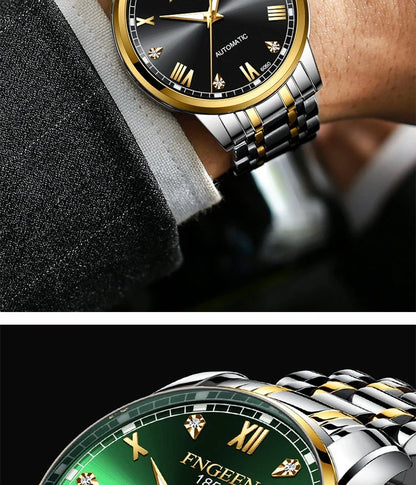 Premium automatic mechanical watch with leather strap, featuring a stainless steel case, luminous hands and markers, and a stylish British-inspired design