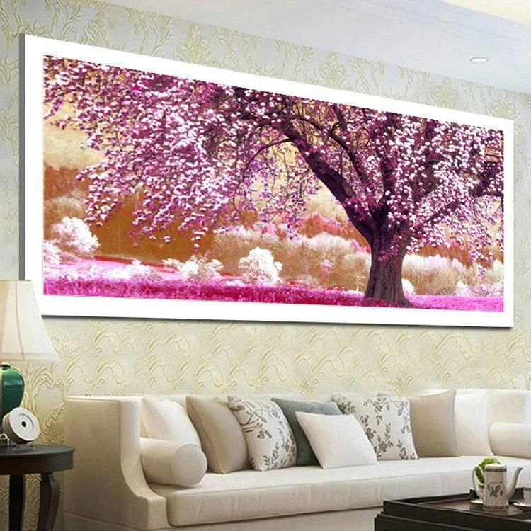 Exquisite forest landscape painting with blooming flowers and rich, verdant trees