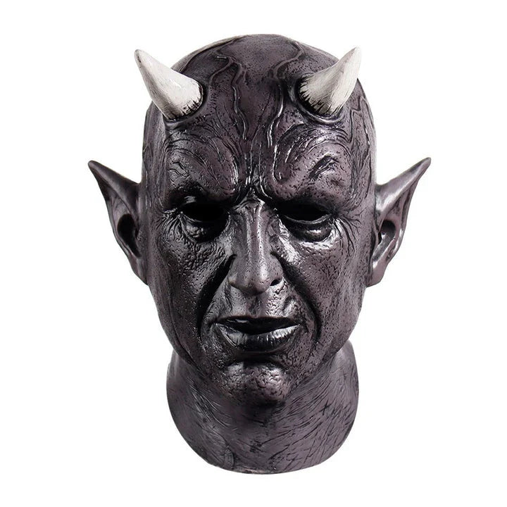 A close-up view of a black latex mask with twisted, menacing horns, creating a fearsome demonic appearance for Halloween costumes and parties.