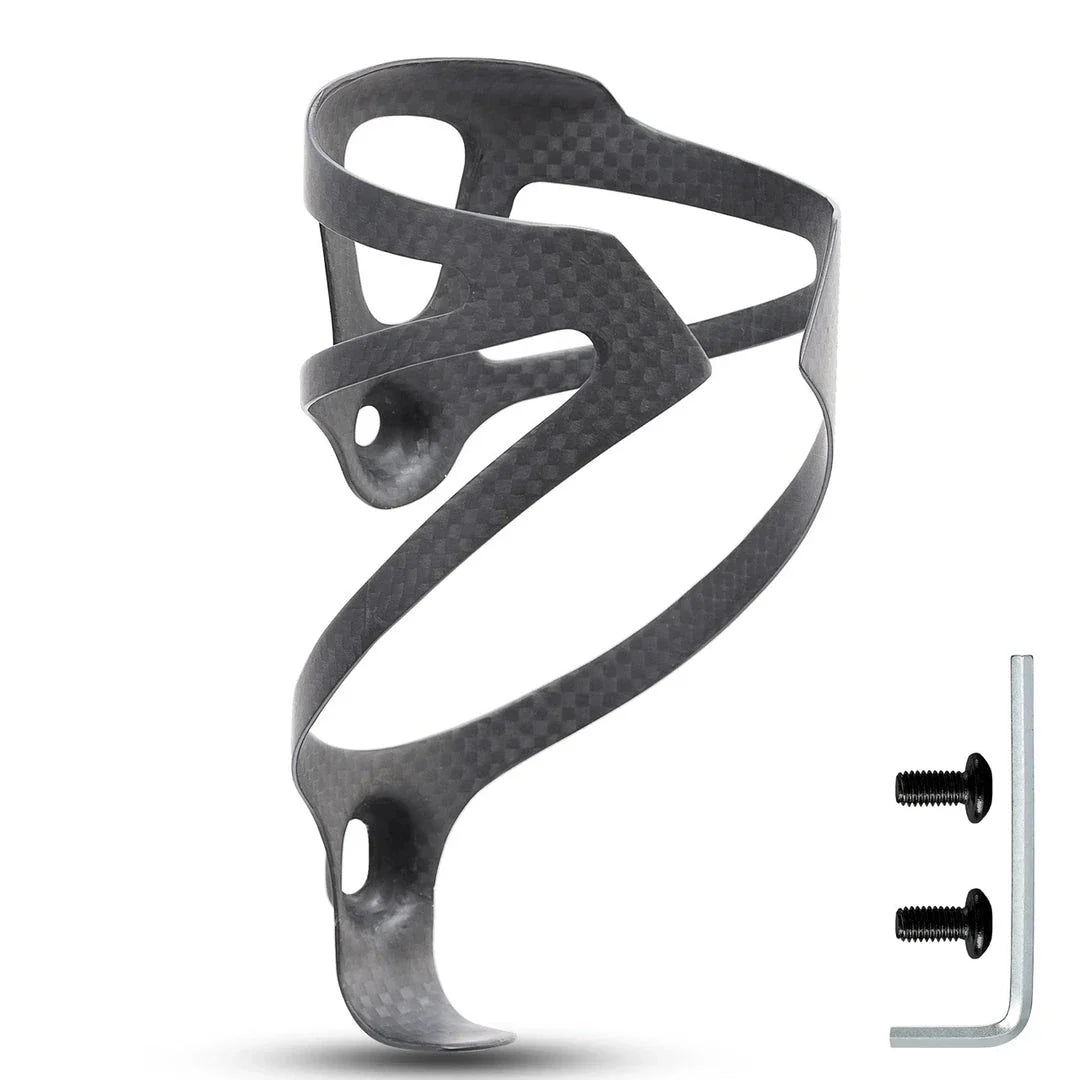 Carbon fibre bicycle water bottle cage with sleek matte black finish and secure design for cycling enthusiasts