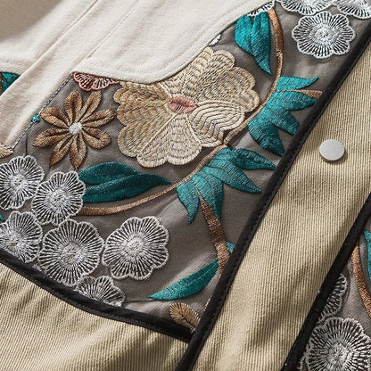 Trendy embroidered patchwork denim jacket in various sizes, perfect for autumn and winter wear