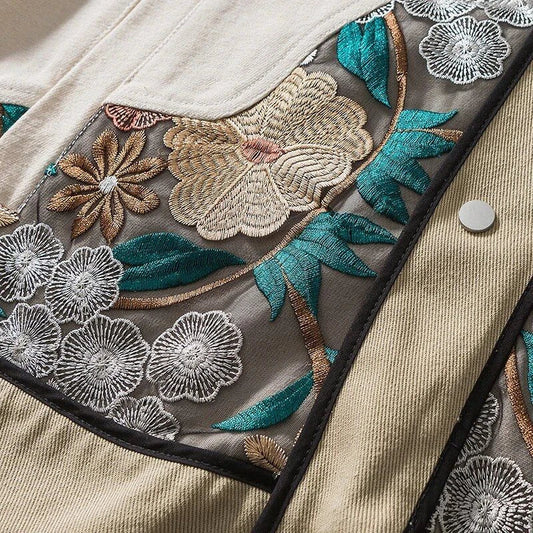 Trendy embroidered patchwork denim jacket in various sizes, perfect for autumn and winter wear