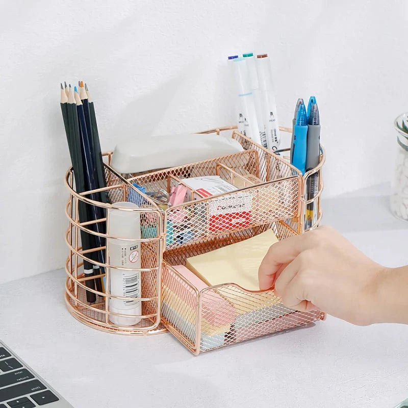Premium metal mesh desktop organiser with multiple compartments and a sleek, modern design