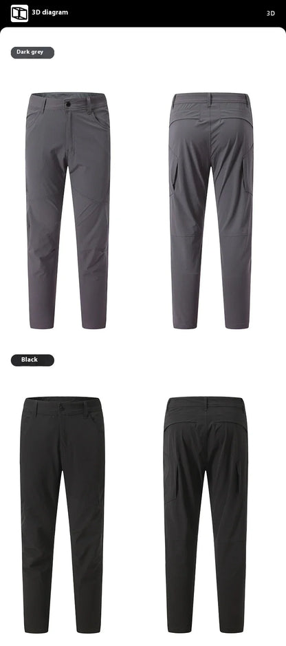 Weatherproof outdoor trousers for men in black, gray, and green colours with adjustable waistband and reinforced panels