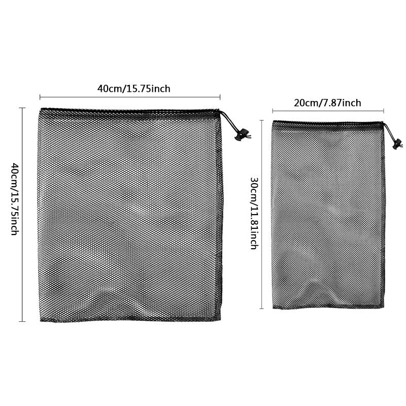 Multipurpose nylon mesh drawstring storage bag in two sizes for organising sports gear, laundry, and more