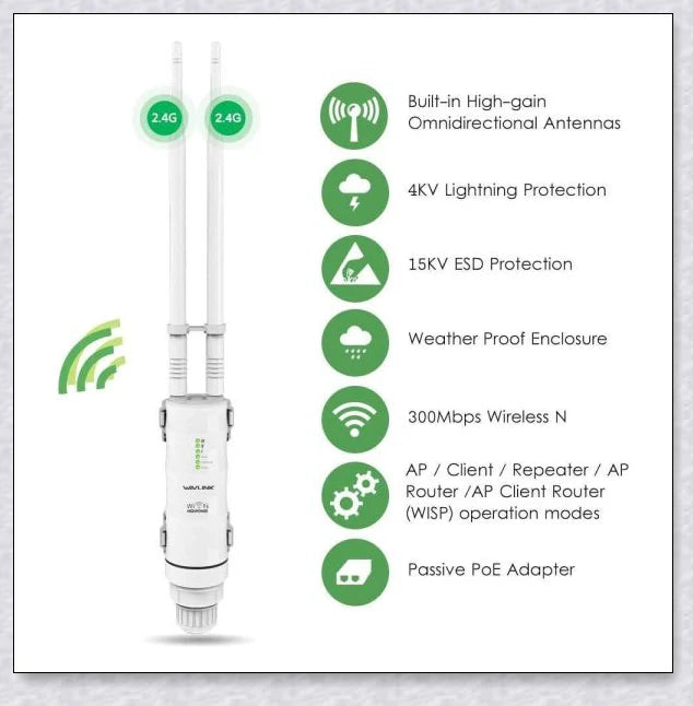 Rugged outdoor Wi-Fi extender with weatherproof housing and omnidirectional antennas for reliable wireless connectivity