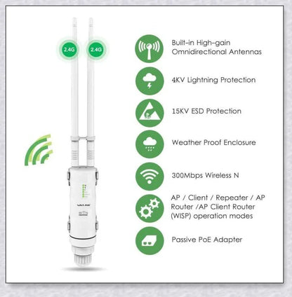 Rugged outdoor Wi-Fi extender with weatherproof housing and omnidirectional antennas for reliable wireless connectivity