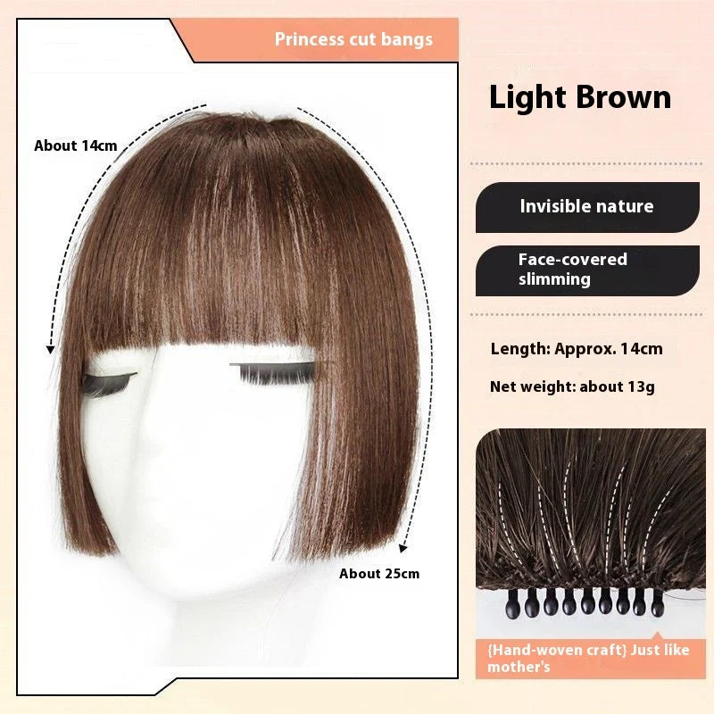 Stylish Princess Cut Wig with Bangs in various colours, including Brown Black, Natural Black, Dark Brown, and Light Brown.