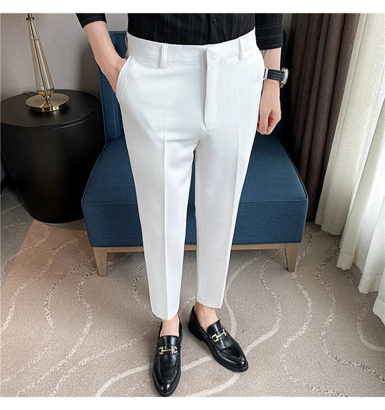 Premium men's suit trousers in a variety of colours, featuring a subtle textured drape and exceptional stretch for all-day comfort and style.