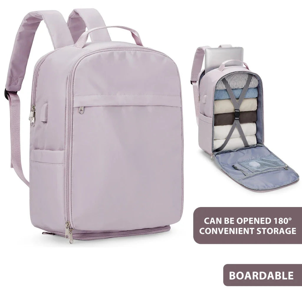 Premium airline-approved travel backpack in purple, featuring waterproof nylon construction, multiple compartments, and comfortable design