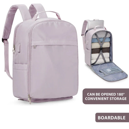 Premium airline-approved travel backpack in purple, featuring waterproof nylon construction, multiple compartments, and comfortable design