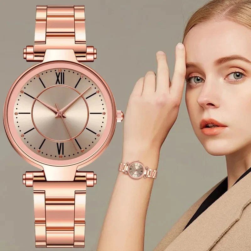 Exquisite rose gold stainless steel ladies' quartz watch with a classic, elegant design