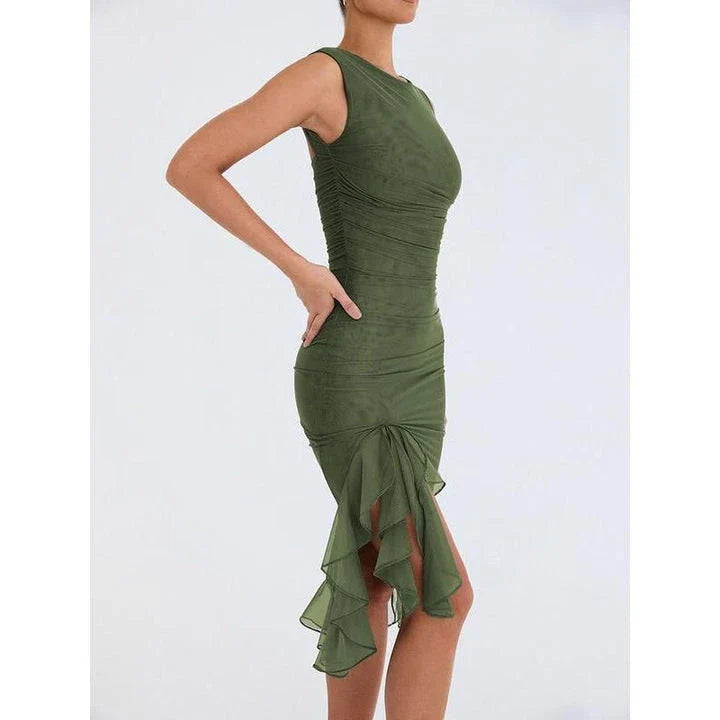 Elegant backless midi dress with ruffled tiers and sleeveless design, perfect for British women's fashion