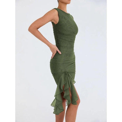 Elegant backless midi dress with ruffled tiers and sleeveless design, perfect for British women's fashion