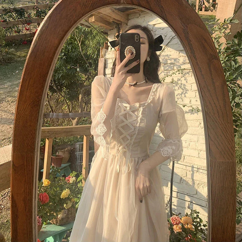 Floral Retro Tea Dress with Flowing Skirt in White Colour