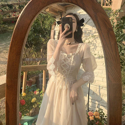 Floral Retro Tea Dress with Flowing Skirt in White Colour