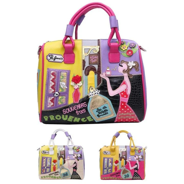 Stylish European and American-inspired women's tote bag with cartoon embroidery, suitable for use as a handbag, shoulder bag, or travel bag