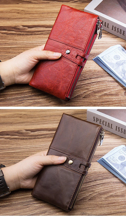Trendha Premium Cowhide Leather Wallet with Multiple Card Slots and Secure Zipper Compartment