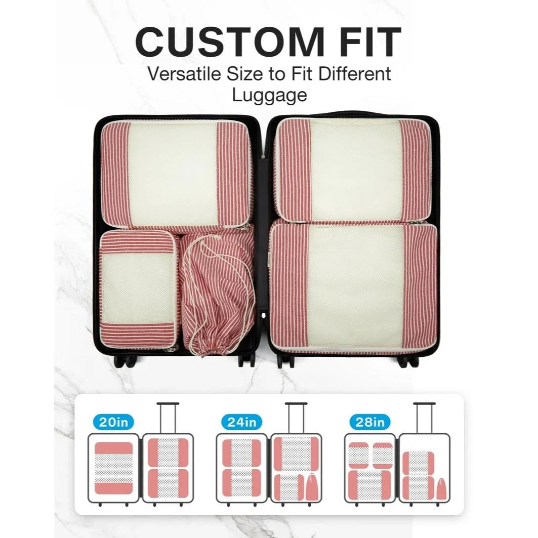 Eco-Friendly Foldable Travel Packing Cubes in Red, 6-Piece Set for Organised Packing