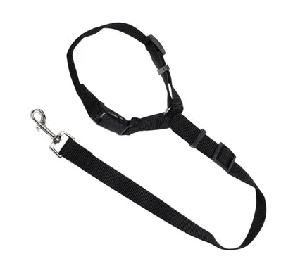 Adjustable dog car seatbelt with headrest loop and extendable leash for secure pet travel