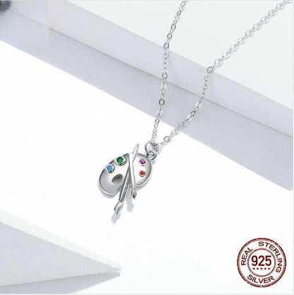 Elegant 925 silver necklace with white gold plated palette design and adjustable chain