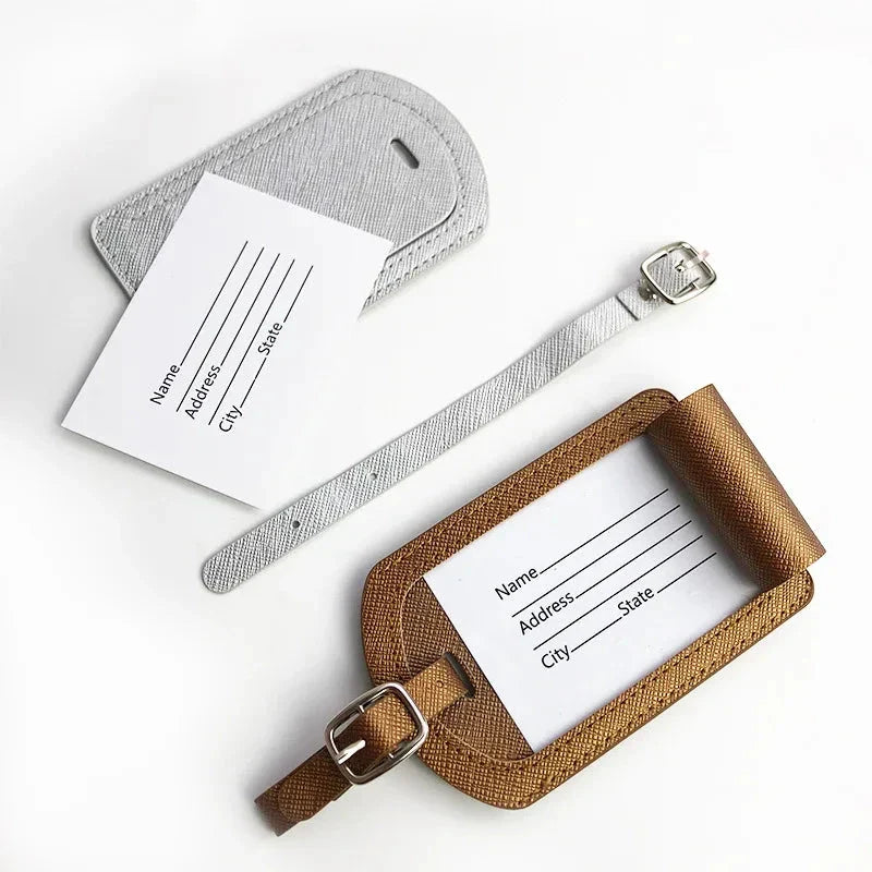 Premium PU leather luggage tag with secure strap and compact design for modern travellers