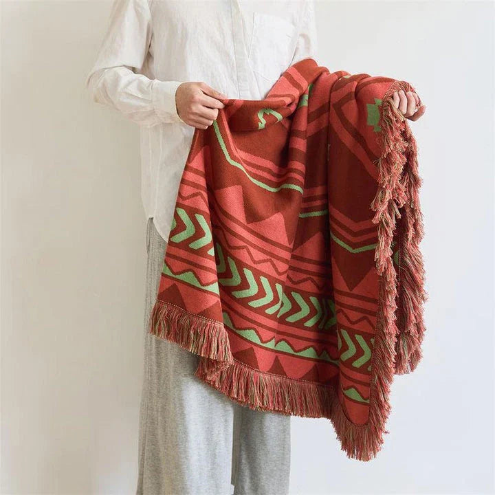 Cosy Indian Tribal Geometric Throw Blanket in Vibrant Red and White Patterns