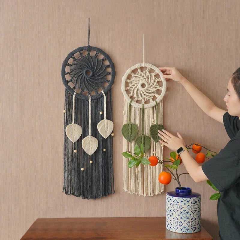 Nordic-style hand-woven wall tapestry with delicate leaf pattern, unique circular design, and premium materials