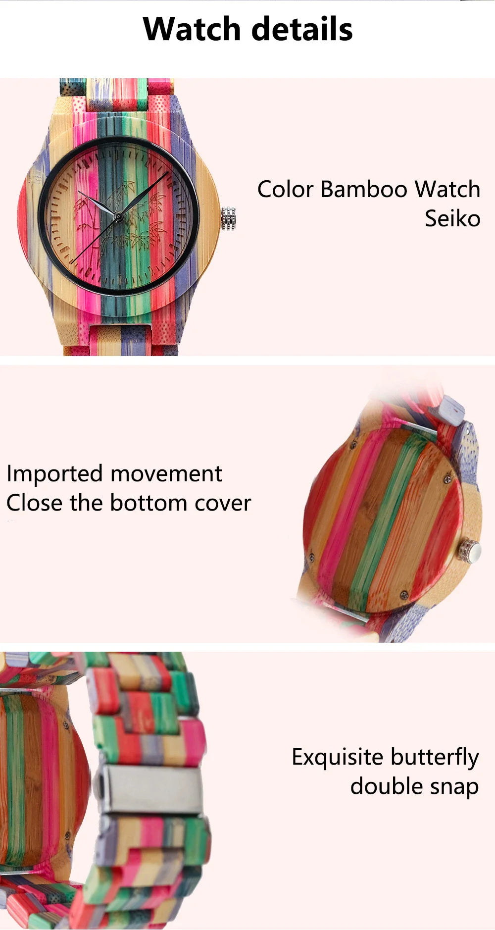 Stylish quartz watch with bamboo wood case and strap in a vibrant colourway