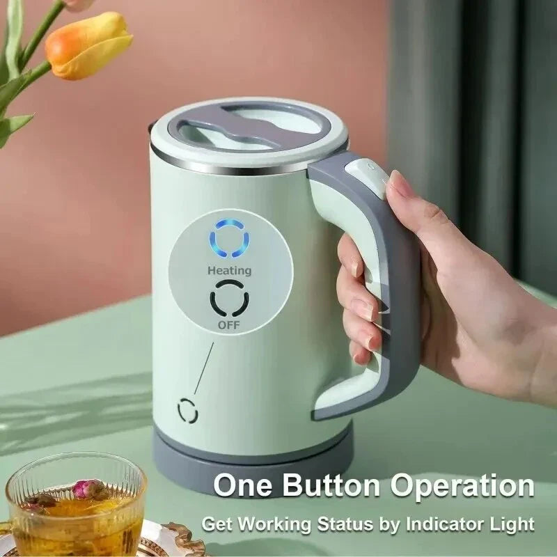 Compact stainless steel electric kettle with fast heating, cordless convenience, and durable construction