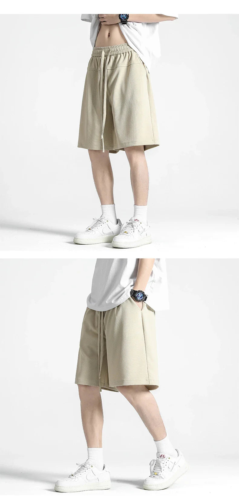 Premium straight-fit drawstring trousers in white, khaki, and black colours for stylish British men
