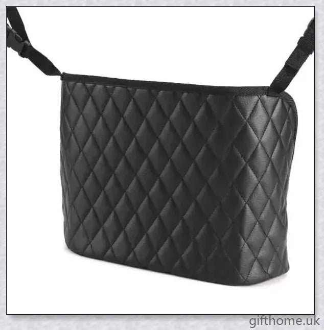 Premium car storage bag with handbag holder and seat organiser, made of durable PU leather and PP plastic, with flexible cleaning brush