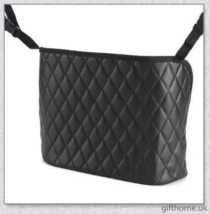 Premium car storage bag with handbag holder and seat organiser, made of durable PU leather and PP plastic, with flexible cleaning brush