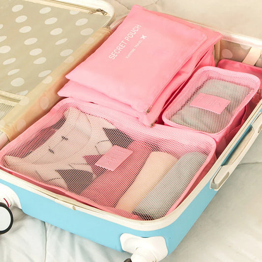 Premium 6-Piece Travel Organiser Bag Set in Pink, featuring durable polyester construction and a variety of sizes for organised packing